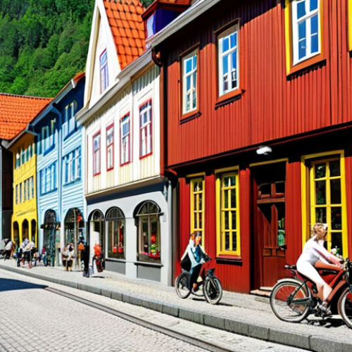 Home 26 **Prompt:** A vibrant street scene in Bergen, Norway. Juxtapose traditional wooden Bryggen architecture with modern building facades. Include lush greenery, people riding bicycles on dedicated lanes, and smart street lighting illuminating the scene. The overall atmosphere should be clean, safe, and forward-looking, showcasing the blend of heritage and modernity in Norwegian urban design. Bright daylight.