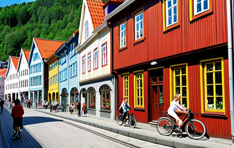 **Prompt:** A vibrant street scene in Bergen, Norway. Juxtapose traditional wooden Bryggen architecture with modern building facades. Include lush greenery, people riding bicycles on dedicated lanes, and smart street lighting illuminating the scene. The overall atmosphere should be clean, safe, and forward-looking, showcasing the blend of heritage and modernity in Norwegian urban design. Bright daylight.