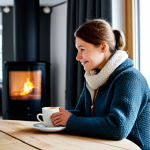 **

A cozy interior scene depicting a person wearing warm, modest clothing (wool sweater, fleece jacket) sitting comfortably indoors during a Norwegian winter. Central heating system visible in the background. A cup of hot chocolate is on a nearby table. The scene should evoke a sense of warmth and preparation for winter. safe for work, appropriate content, fully clothed, family-friendly, perfect anatomy, correct proportions, natural pose, professional.

**