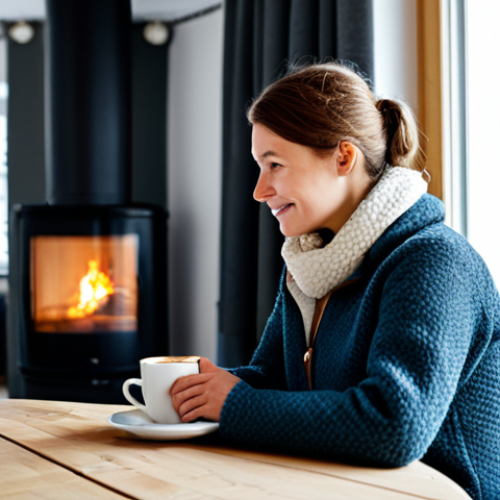 Home 25 **
A cozy interior scene depicting a person wearing warm, modest clothing (wool sweater, fleece jacket) sitting comfortably indoors during a Norwegian winter. Central heating system visible in the background. A cup of hot chocolate is on a nearby table. The scene should evoke a sense of warmth and preparation for winter. safe for work, appropriate content, fully clothed, family-friendly, perfect anatomy, correct proportions, natural pose, professional.
**