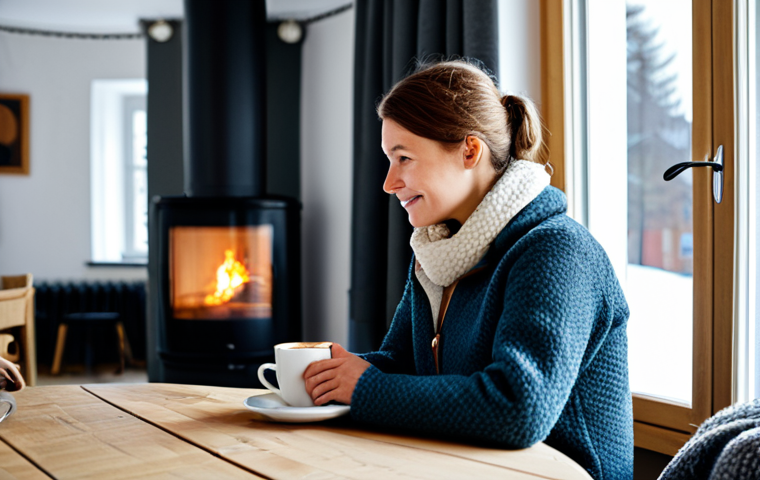 **

A cozy interior scene depicting a person wearing warm, modest clothing (wool sweater, fleece jacket) sitting comfortably indoors during a Norwegian winter. Central heating system visible in the background. A cup of hot chocolate is on a nearby table. The scene should evoke a sense of warmth and preparation for winter. safe for work, appropriate content, fully clothed, family-friendly, perfect anatomy, correct proportions, natural pose, professional.

**