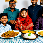 **

A Bangladeshi family, fully clothed in traditional attire, celebrating Eid al-Fitr in a cozy Norwegian home. The room is decorated with festive lights and traditional Bengali patterns. Delicious Bangladeshi dishes are spread on a table, including biryani and sweets. The scene is safe for work, family-friendly, with perfect anatomy, natural poses, and appropriate content. High-quality photo, professional.

**