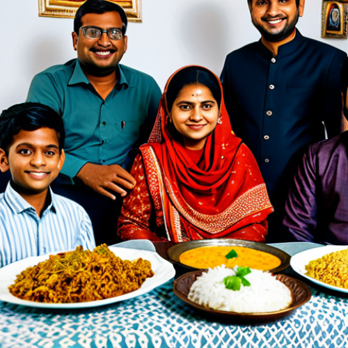 Home 24 **
A Bangladeshi family, fully clothed in traditional attire, celebrating Eid al-Fitr in a cozy Norwegian home. The room is decorated with festive lights and traditional Bengali patterns. Delicious Bangladeshi dishes are spread on a table, including biryani and sweets. The scene is safe for work, family-friendly, with perfect anatomy, natural poses, and appropriate content. High-quality photo, professional.
**