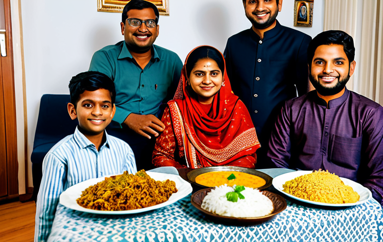 **

A Bangladeshi family, fully clothed in traditional attire, celebrating Eid al-Fitr in a cozy Norwegian home. The room is decorated with festive lights and traditional Bengali patterns. Delicious Bangladeshi dishes are spread on a table, including biryani and sweets. The scene is safe for work, family-friendly, with perfect anatomy, natural poses, and appropriate content. High-quality photo, professional.

**