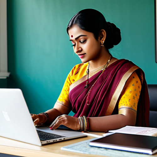 Home 23 **
A professional Bengali woman in a modest, elegant sari, working on a laptop in a bright, modern co-working space. Fully clothed, appropriate attire, safe for work, perfect anatomy, natural proportions, professional, family-friendly. The background includes traditional Bengali art elements. High quality, detailed.
**