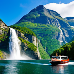 "Majestic view of Geirangerfjord, Norway, with the 'Seven Sisters' waterfall cascading down lush green mountains, a boat tour on the calm, blue water, fully clothed tourists enjoying the scenery, safe for work, appropriate content, professional photography, perfect anatomy, natural proportions, family-friendly."