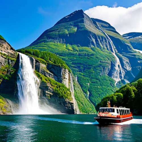 Home 12 "Majestic view of Geirangerfjord, Norway, with the 'Seven Sisters' waterfall cascading down lush green mountains, a boat tour on the calm, blue water, fully clothed tourists enjoying the scenery, safe for work, appropriate content, professional photography, perfect anatomy, natural proportions, family-friendly."