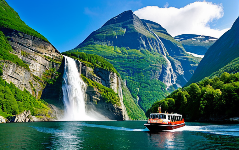 "Majestic view of Geirangerfjord, Norway, with the 'Seven Sisters' waterfall cascading down lush green mountains, a boat tour on the calm, blue water, fully clothed tourists enjoying the scenery, safe for work, appropriate content, professional photography, perfect anatomy, natural proportions, family-friendly."