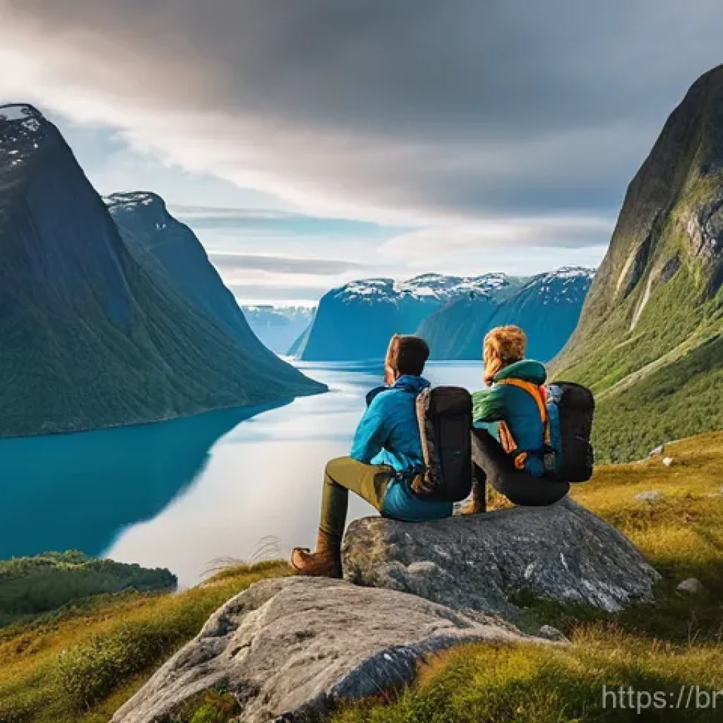 노르웨이의 대중문화 - **Prompt 1: Norwegian Friluftsliv Adventure**
    "A picturesque scene in the Norwegian fjords, bath...