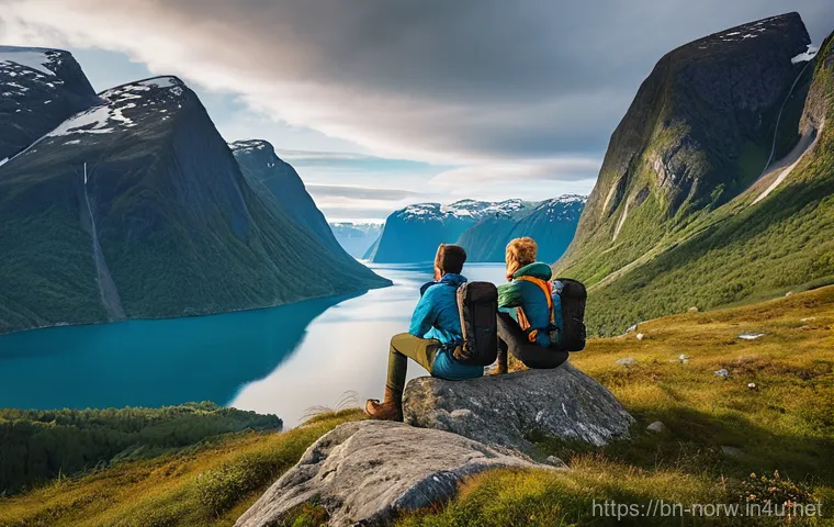 노르웨이의 대중문화 - **Prompt 1: Norwegian Friluftsliv Adventure**
    "A picturesque scene in the Norwegian fjords, bath...