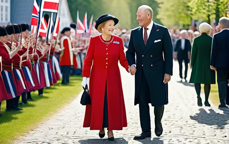 노르웨이 왕실과 왕위 계승 - **Prompt 1: King Harald V and Queen Sonja, embodying regal warmth and tradition, engage with a diver...