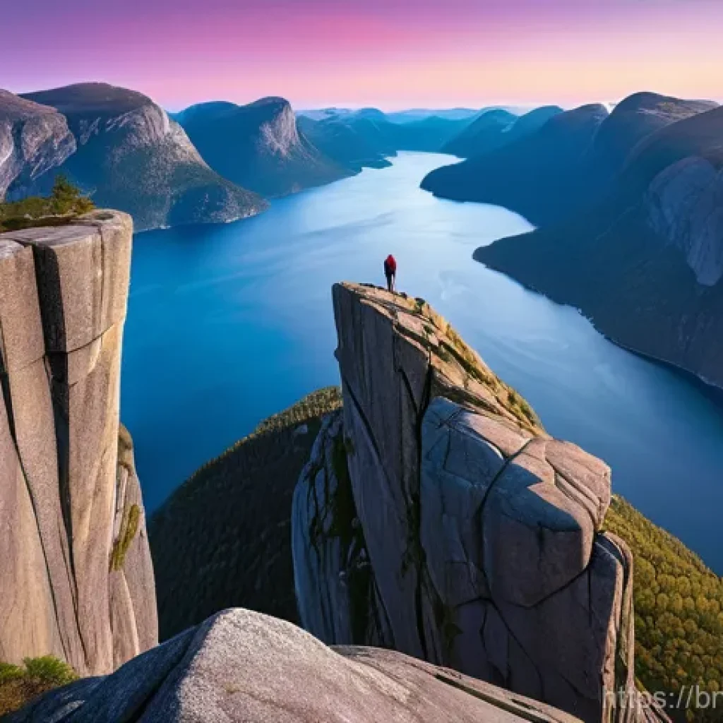 노르웨이 하이킹 코스 추천 - **Preikestolen at Golden Hour:** A breathtaking wide shot of Preikestolen (Pulpit Rock) in Norway, b...