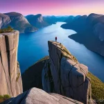 노르웨이 하이킹 코스 추천 - **Preikestolen at Golden Hour:** A breathtaking wide shot of Preikestolen (Pulpit Rock) in Norway, b...
