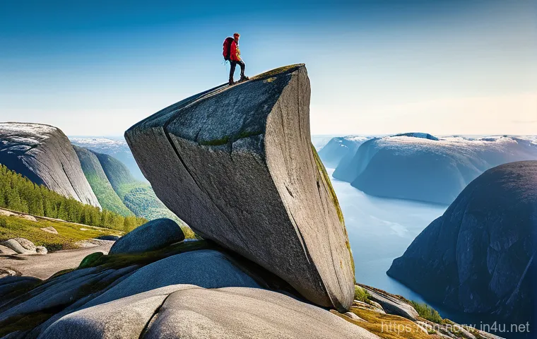 노르웨이 하이킹 코스 추천 - **Trolltunga Adventure:** A dynamic, adventurous shot featuring Trolltunga (Troll's Tongue) in Norwa...