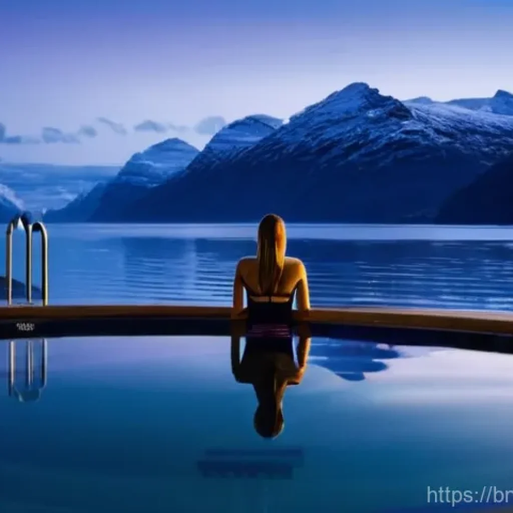 노르웨이의 야외 스파와 온천 - **Prompt:** A serene, wide shot capturing an individual (gender-neutral, perhaps viewed from the bac...