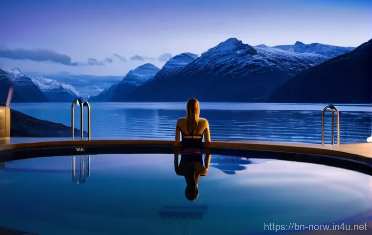 노르웨이의 야외 스파와 온천 - **Prompt:** A serene, wide shot capturing an individual (gender-neutral, perhaps viewed from the bac...