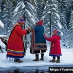 노르웨이 사미족의 문화와 전통 - A detailed scene depicting a Sami family during winter in a snowy forest, dressed in traditional clo...