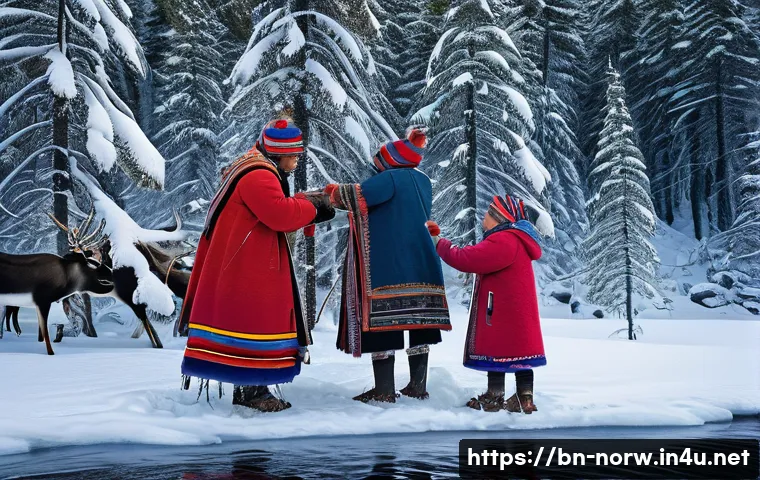 노르웨이 사미족의 문화와 전통 - A detailed scene depicting a Sami family during winter in a snowy forest, dressed in traditional clo...