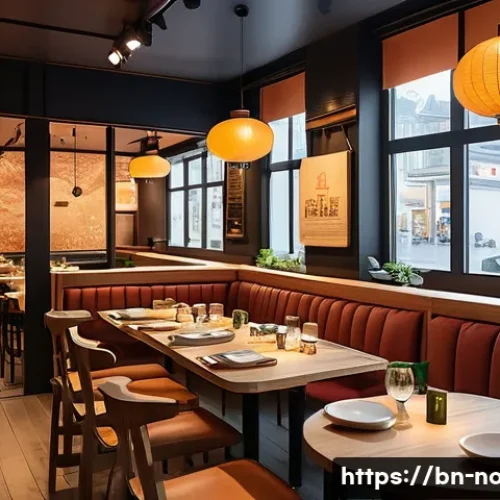 노르웨이에서의 한식당 추천 - A cozy Korean restaurant interior in Oslo blending modern Norwegian design with traditional Korean e...