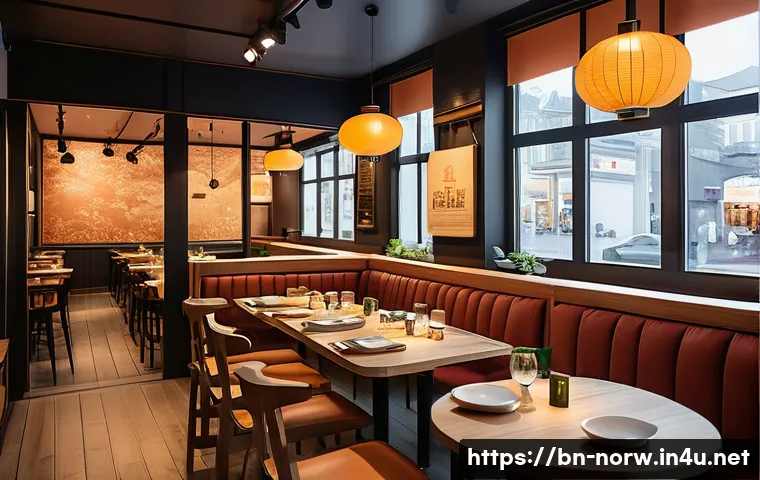 노르웨이에서의 한식당 추천 - A cozy Korean restaurant interior in Oslo blending modern Norwegian design with traditional Korean e...