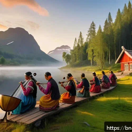 노르웨이 출신 음악가 - A serene Norwegian village scene at dawn with traditional folk musicians playing ancient instruments...