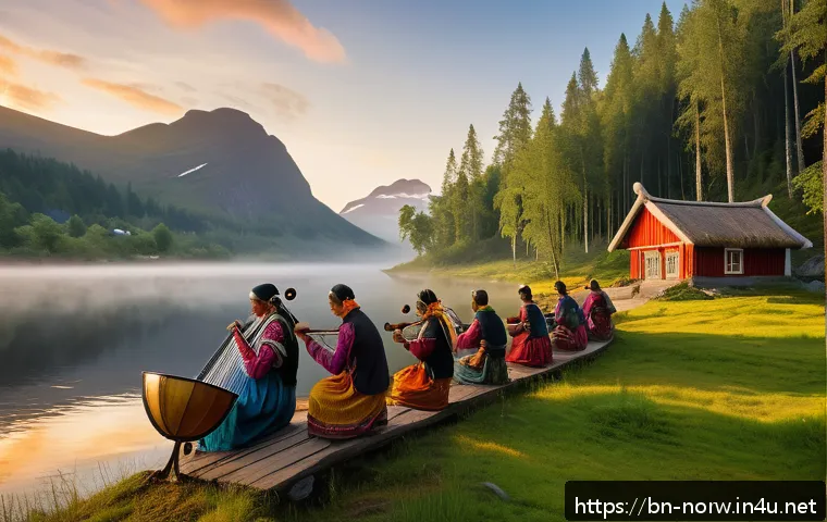 노르웨이 출신 음악가 - A serene Norwegian village scene at dawn with traditional folk musicians playing ancient instruments...