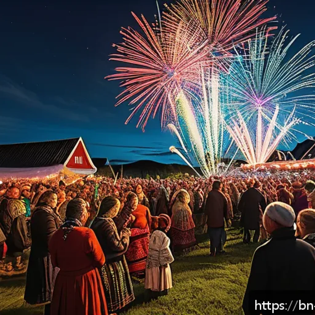 노르웨이 전통 축제 - A vibrant outdoor festival scene in rural Norway during the Sanadagrenada celebration, featuring div...