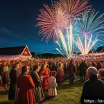 노르웨이 전통 축제 - A vibrant outdoor festival scene in rural Norway during the Sanadagrenada celebration, featuring div...