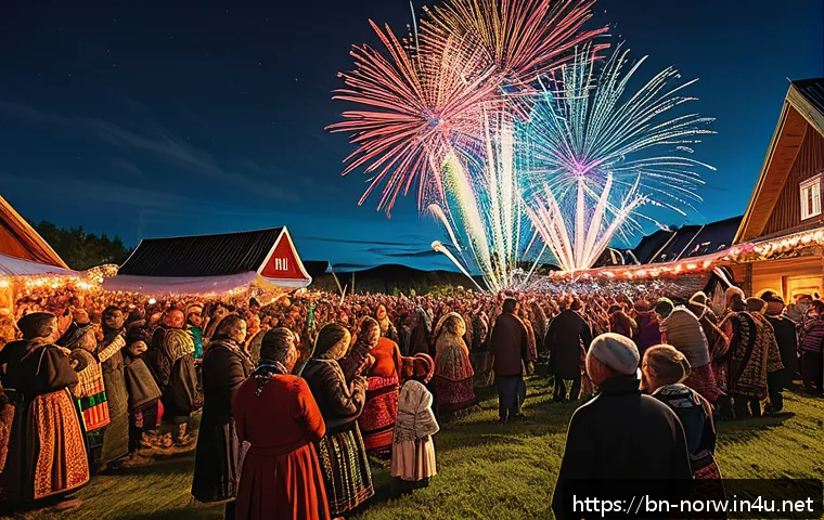 노르웨이 전통 축제 - A vibrant outdoor festival scene in rural Norway during the Sanadagrenada celebration, featuring div...