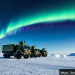 노르웨이의 NATO 가입 배경 - A detailed scene of a high-tech Norwegian military base in the Arctic region during winter, featurin...