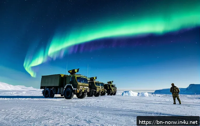노르웨이의 NATO 가입 배경 - A detailed scene of a high-tech Norwegian military base in the Arctic region during winter, featurin...
