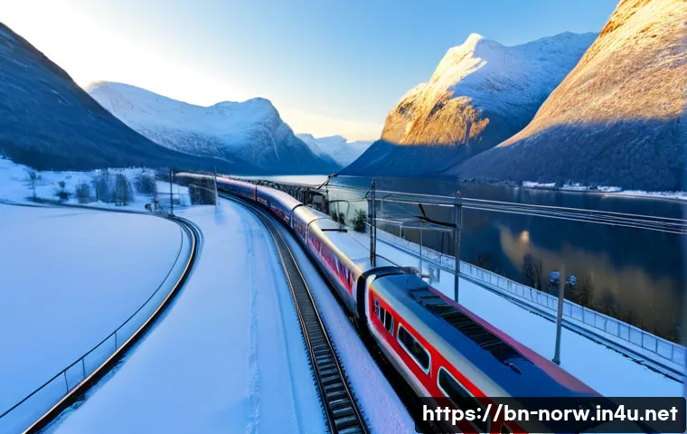 노르웨이 교통 시스템 - Photorealistic wide-angle view of a modern Norwegian electric train gliding through a snowy fjord va...